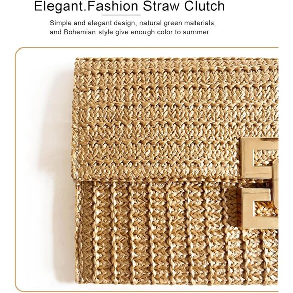 Apricot Summer Straw Clutch Women's Rattan Beach Bag with Snap Closure - Picture 3 of 8